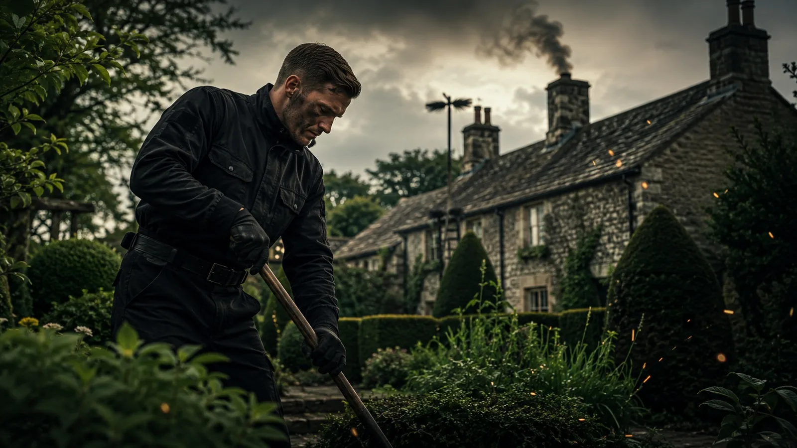 Ex-Forces gardener maintaining the grounds of a country property at dusk