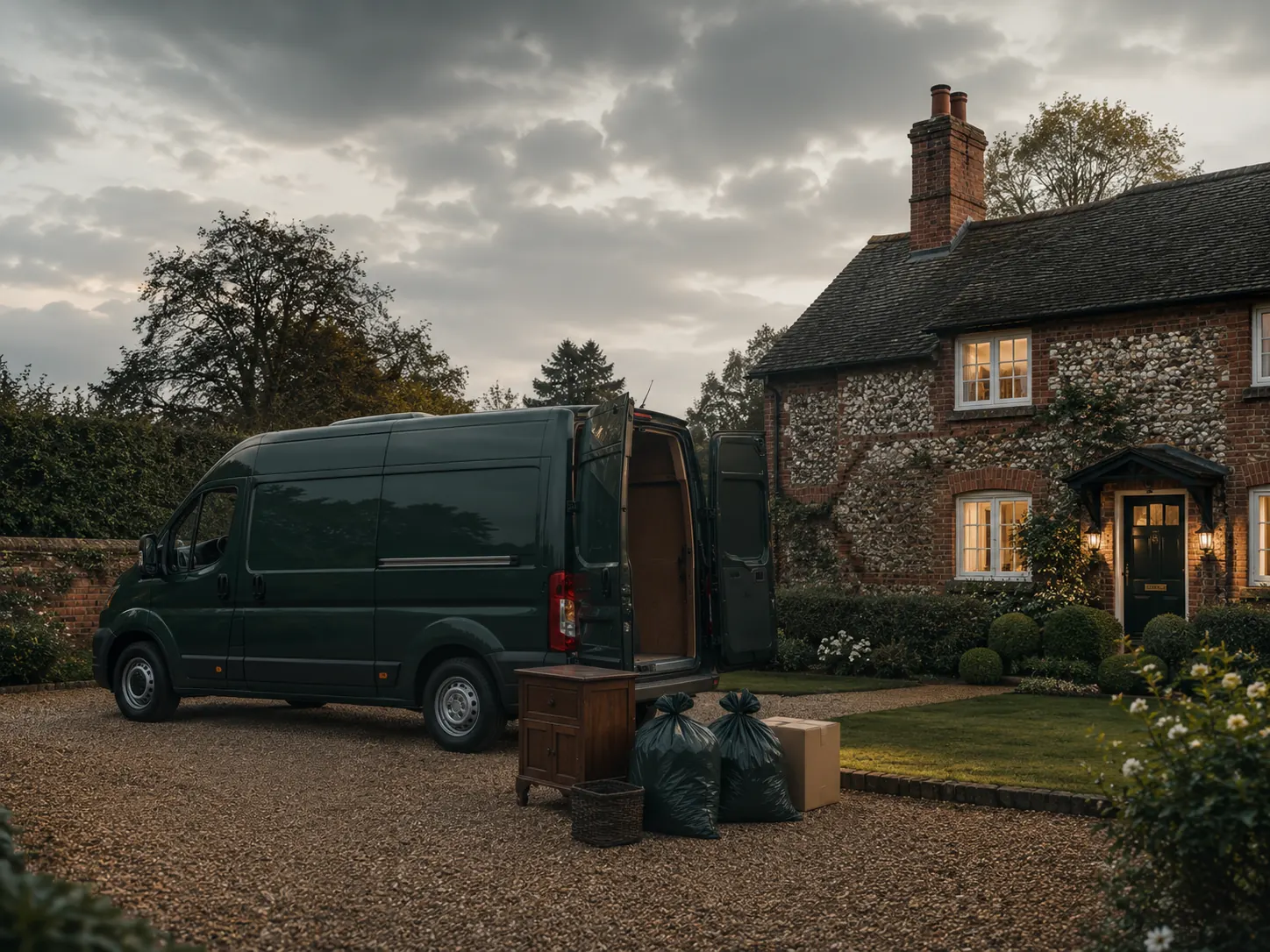 Dark green man-with-a-van loaded with furniture, boxes and waste for collection outside a country cottage